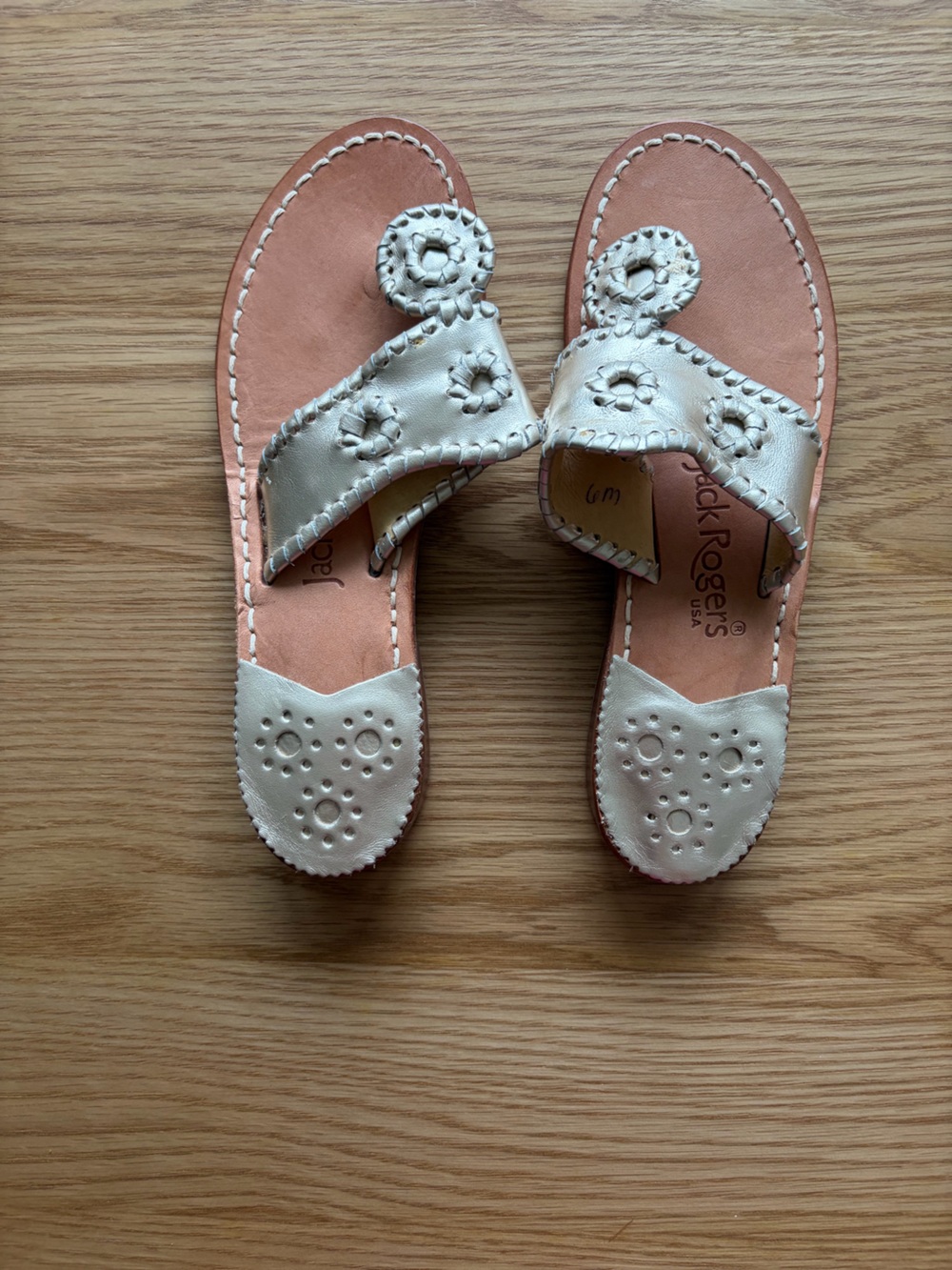 Jack Rogers Champagne Metallic Whipstitch Toe-Loop Sandals